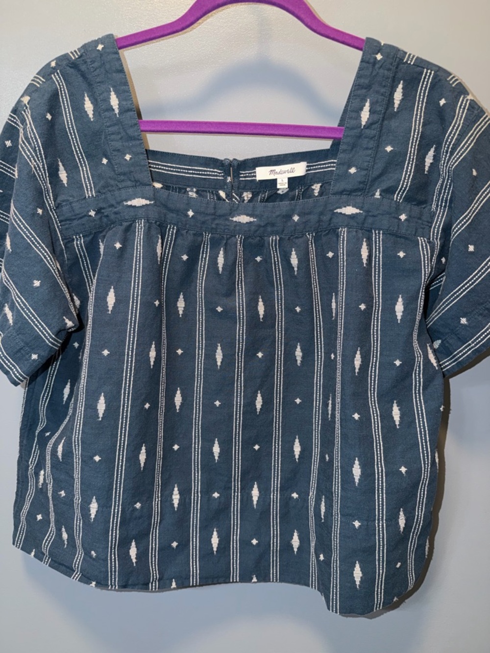 Madewell Navy Blue Square-Neck Embroidered Short-Sleeve Top